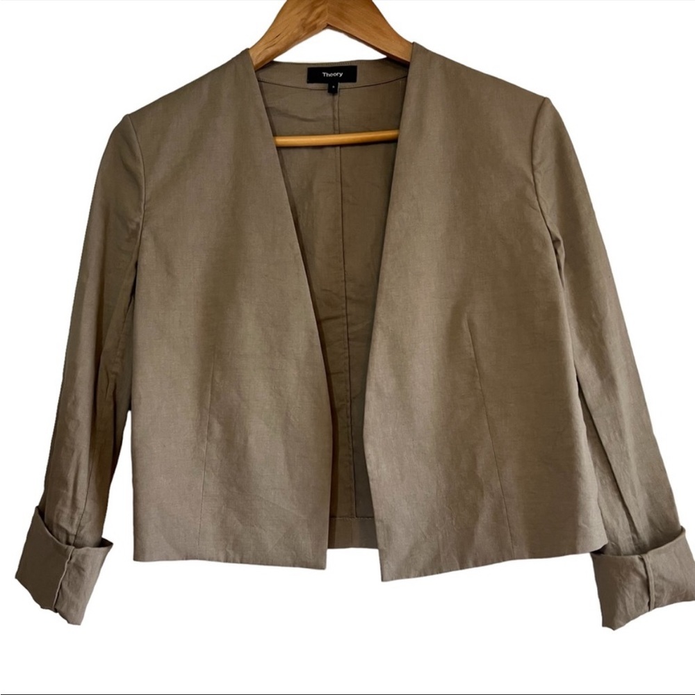 Theory linen blend cropped open blazer in tan, size 6 excellent condition